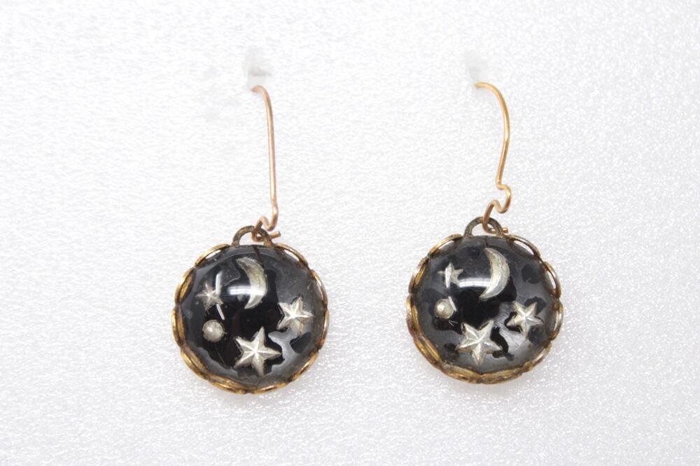 Vintage Celestial Star Moon Drop Earrings Glass Cabochon Gold Tone Witchy Cosmic